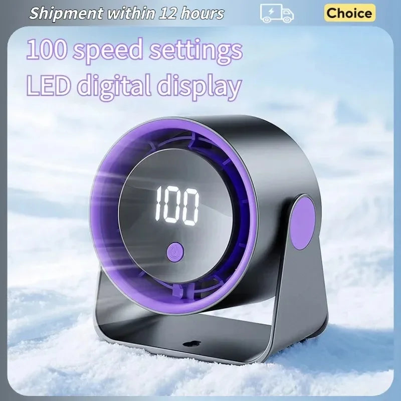 Ventilador de escritorio silencioso y de bajo ruido, 100 velocidades ajustables, pantalla LED, mini ventilador de escritorio de gran capacidad para montaje en pared, 1800 mAh.