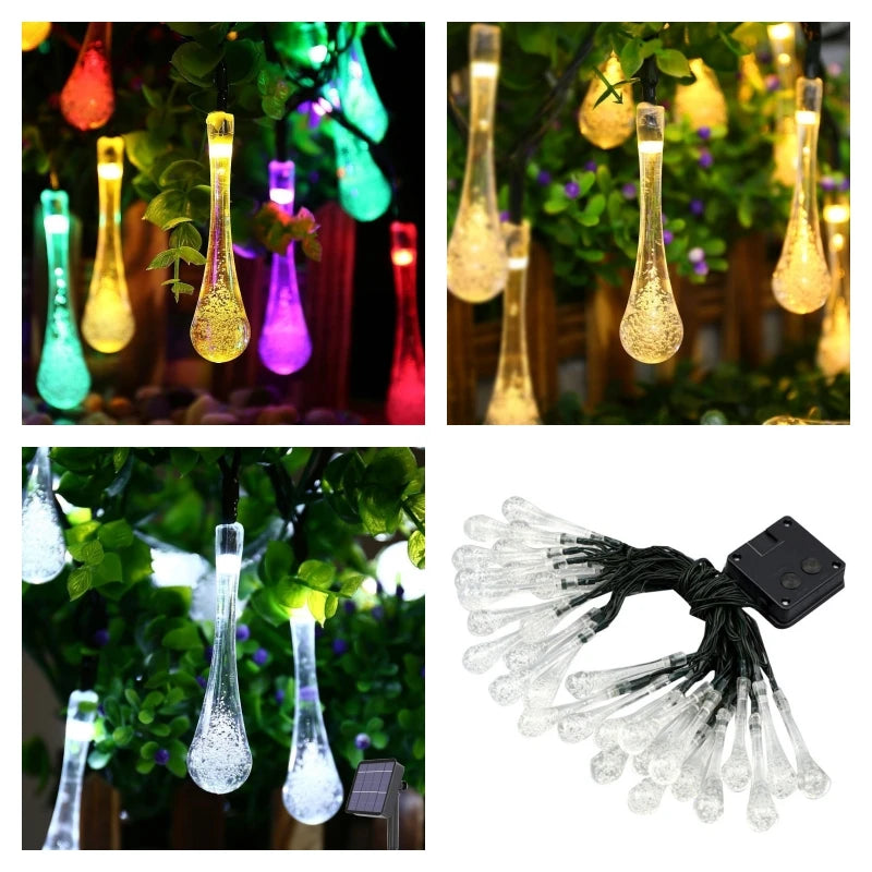 Guirnalda de luces LED solares en forma de gota para exteriores, impermeables, para jardín, césped, caminos, vallas, bodas, fiestas y decoración navideña.