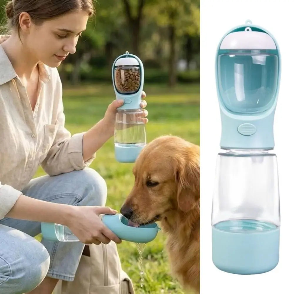Nuevo dispensador de agua para perros de 400 ml con contenedor para bolsas de excrementos. Botella de agua portátil para mascotas 3 en 1 a prueba de fugas. Botella para comida de perro para exteriores.