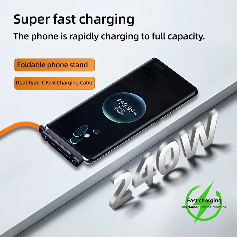 Cables USB-C tipo C de carga rápida de 240 W con soporte invisible para teléfono, cable USB-C a USB-C trenzado de nailon para iPhone, Samsung y Xiaomi.