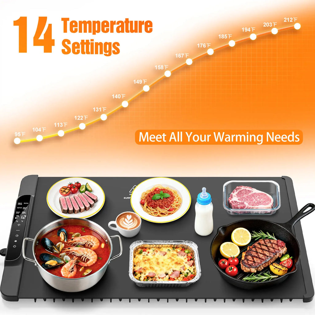 Tapete calentador para alimentos - Calentador de alimentos con 14 temperaturas - Bandeja calentadora eléctrica de silicona con 6 modos - Electrodomésticos de cocina - 26 x 15 pulgadas