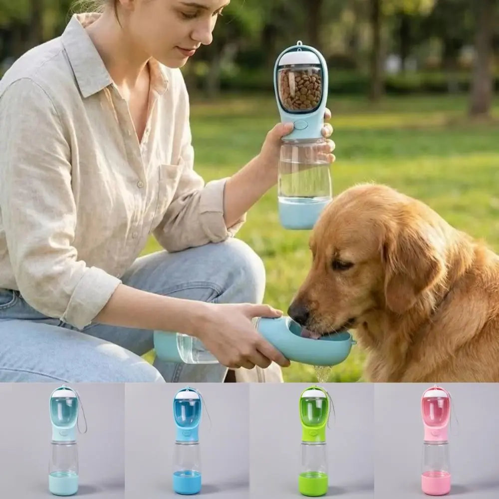 Nuevo dispensador de agua para perros de 400 ml con contenedor para bolsas de excrementos. Botella de agua portátil para mascotas 3 en 1 a prueba de fugas. Botella para comida de perro para exteriores.