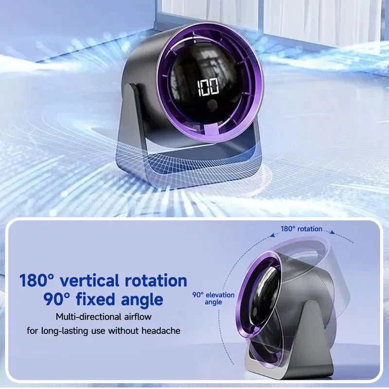 Ventilador de escritorio silencioso y de bajo ruido, 100 velocidades ajustables, pantalla LED, mini ventilador de escritorio de gran capacidad para montaje en pared, 1800 mAh.